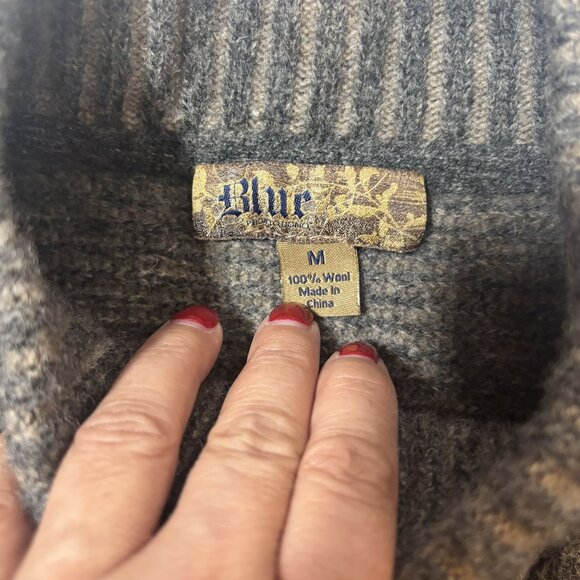 Blue Wool Quarter-Zip Mens Sweater M Gray Ribbed Collar & Elbow Patches - Picture 7 of 7